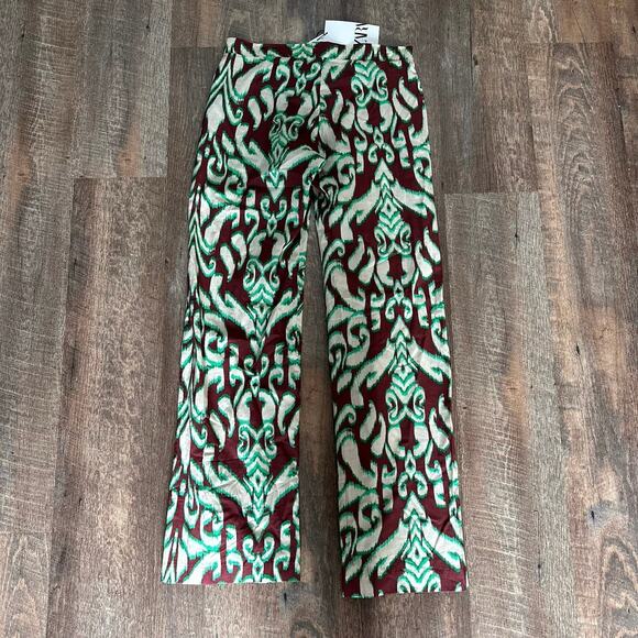 NWT Zara Printed Wide Leg Cotton Pants Sz XS Green & Brown 70s Boho - Picture 7 of 9